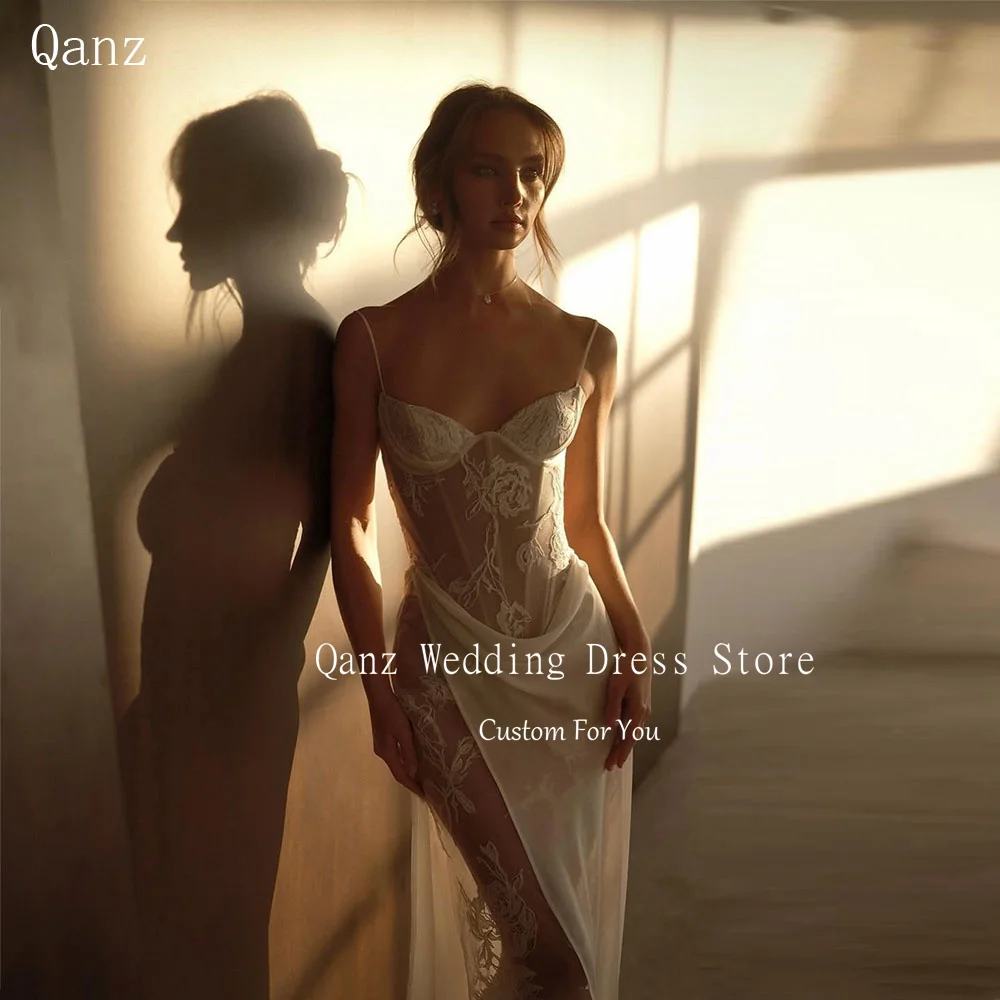 

Свадебное платье Qanz в стиле бохо для женщин, фасон «русалка», на тонких бретелях, с кружевными аппликациями, прозрачное, на заказ