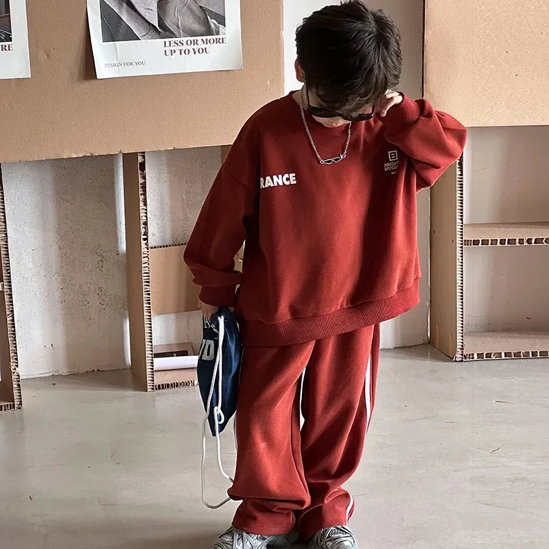 Children Clothes Set 2024 Autumn New Boy Handsome Solid Color Hoodie Fashionable Pants Boys Handsome Two-piece Set