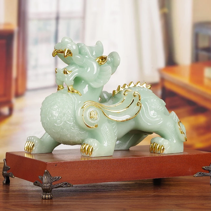 

Zhaocai Jade and Pixiu Decoration with Base Living Room Home Decoration Feng Shui Accessories Animal Figurines Desk Decoration