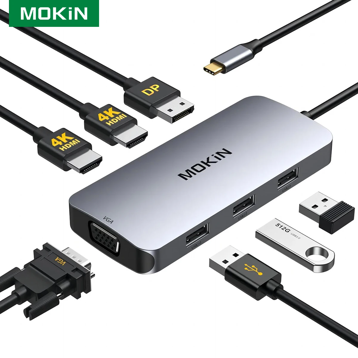 MOKiN USB C Hub to Dual HDMI USB C Hub Adapter Docking Station 4K HDMI Displayport Port 1080P VGA USB2.0 Hub for MacBook Pro Air