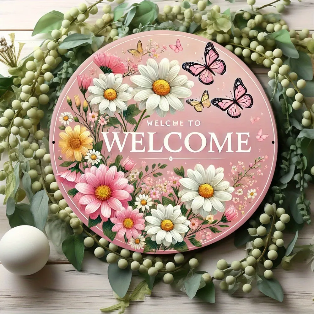 Colorful Floral Welcome Metal Sign 20x20cm, 2D Flat Pink Daisy Butterfly Wreath for Home Garden Entrance