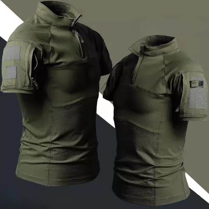 Summer Field Combat Tops Half Zipper Knitting Camouflage Patchwork Tactical T-shirt Breathable Elastic Outdoor Training Tees