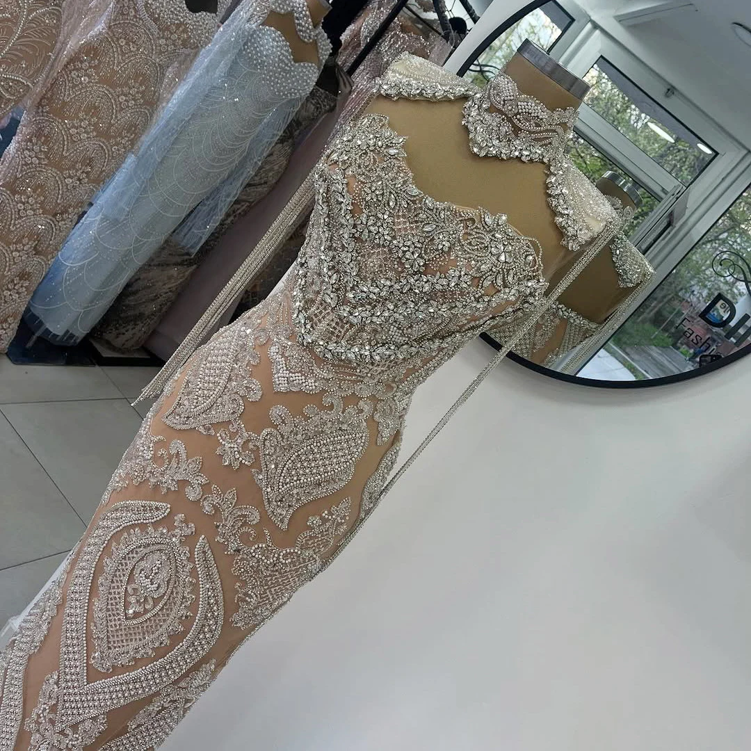 งดงามคริสตัล Rhinestones Mermaid ชุดราตรียาวพู่ดูไบผู้หญิงลูกปัดหมวก Gowns แต่งงานอย่างเป็นทางการ