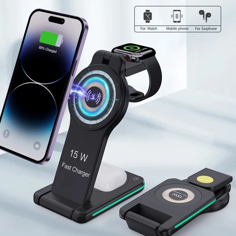 

3 in 1 Wireless Charger Fast Charging,Rubber Finished Wireless Station With LED Light