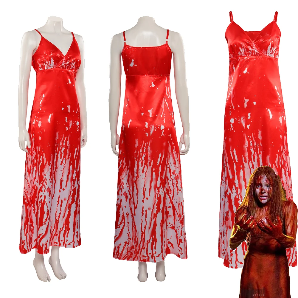 Carrie White Sexy Blood Red Slip Printed Dress Horror Movie Cosplay Costume Female Outfits Halloween Carnival Party Fantasy Suit