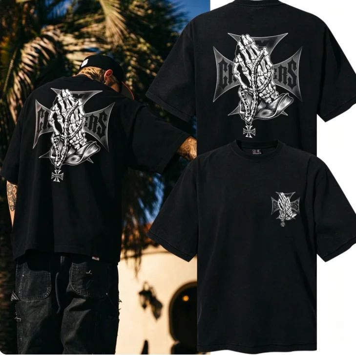 2026 Retro Skeleton Prayer Hands Graphic T Shirt Unisex Distressed Cross Print Oversized Tee Gothic Biker Streetwear Casual Tops