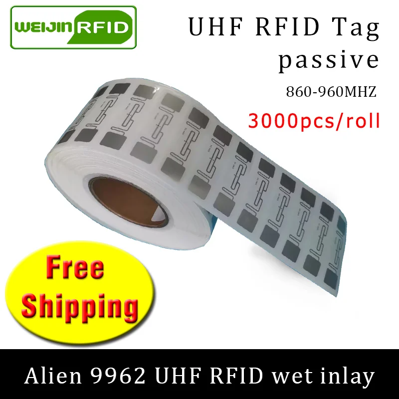 UHF RFID-метка, наклейка Alien 9962 EPC6C, мокрая инкрустация 915 МГц868 МГц860-960 МГц Higgs9, 3000 шт., бесплатная доставка, клейкая пассивная RFID-этикетка