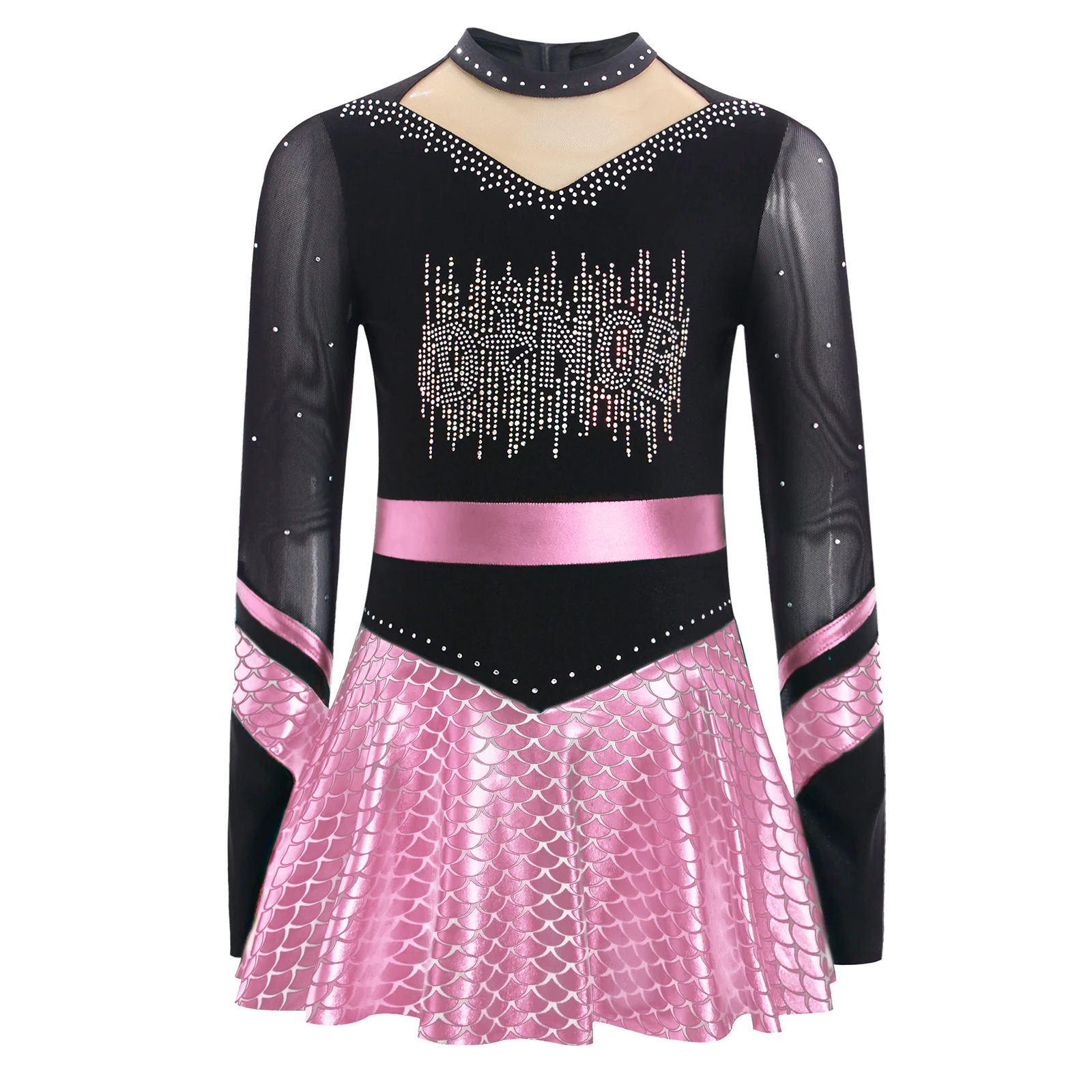 

Kids Girls Gymnastics Figure Skating Cheerleading Costume Shiny Rhinestones Ballet Jazz Leotards Dress with Built-in Shorts