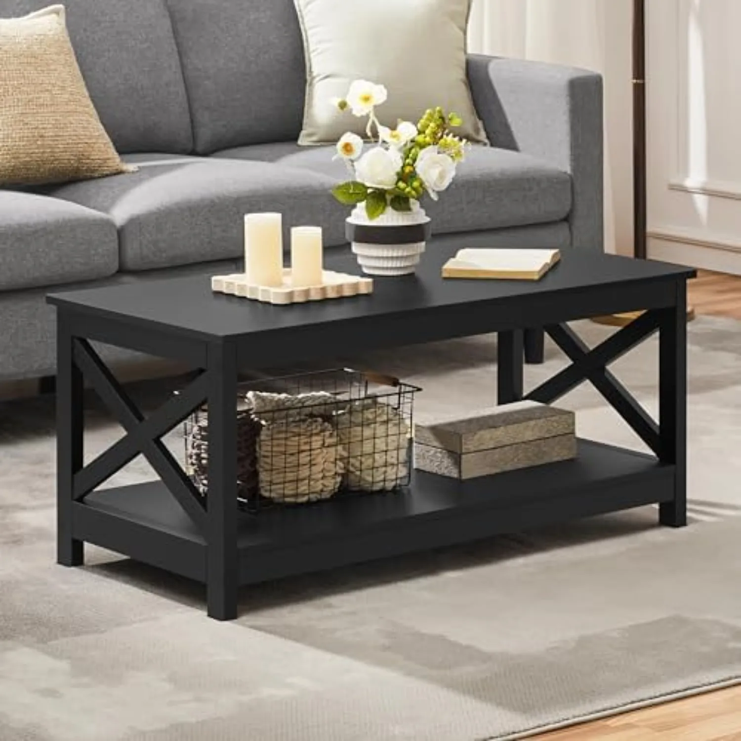 Black Coffee Table for Living Room, X-Design Storage Shelf, 39.5 | Sturdy Engineered Wood Top Holds up to 88 lb, Easy