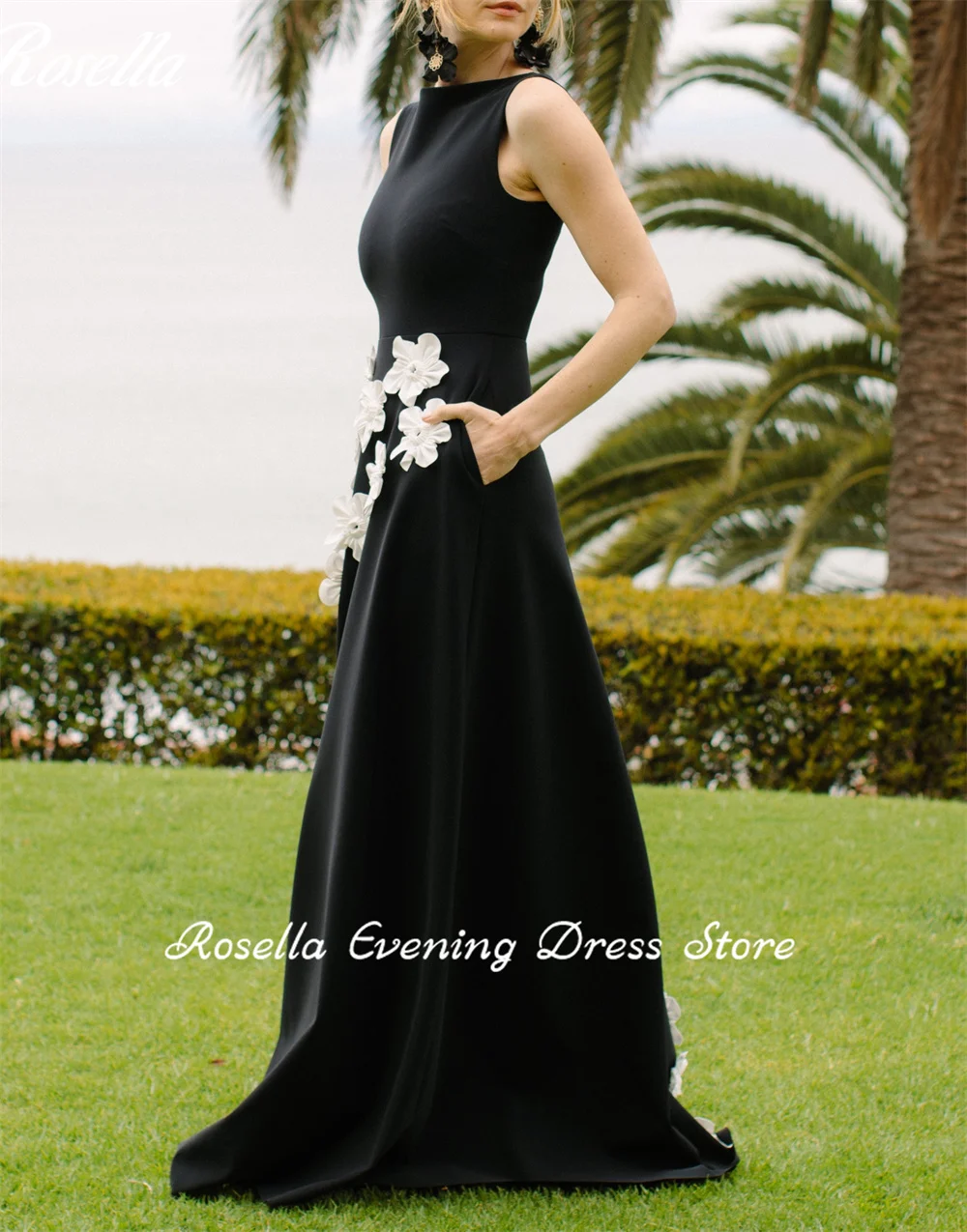 ROSELLA Black Boat Neck Sleeveless Evening Dresses with 3D Flowers Floor Length A-line Formal Occasions Dress Couture New 2024