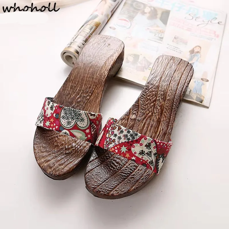 Japanese Wooden Clogs Women Flip Flops Cosplay Slippers Flat Bottom Summer Kimono Sandals Print Slipper
