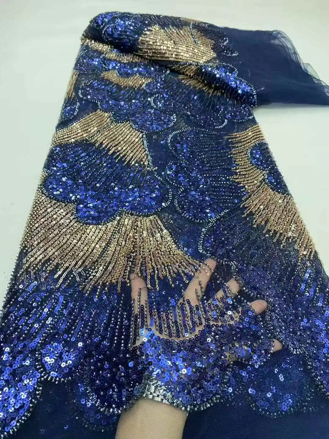 

5Yards African Bridal Lace Fabric with Sequins Beaded Embroidery High Quality French Tulle for Wedding Groom Nigerian Style