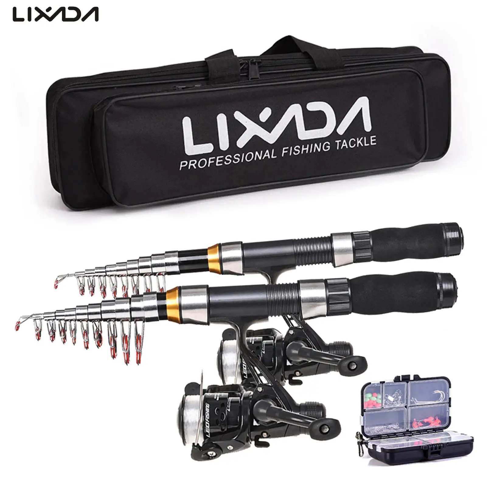 Lixada Fishing Rod Reel Combo Full Kit with 2.3/2.1m Telescopic Fishing Rods Spinning Reels Set with Hooks Soft Lures Barrel