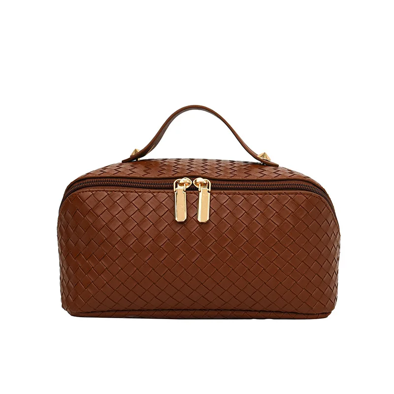 Woven pattern makeup bag with advanced texture and flat PU large capacity cosmetic portable storage bag