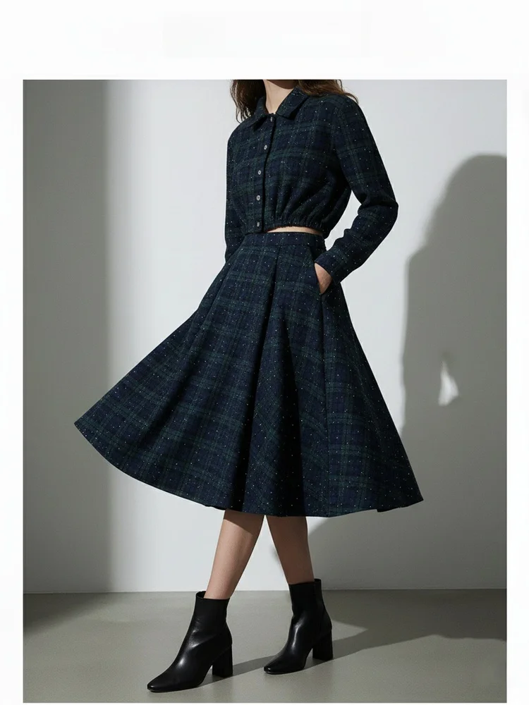 

Ретро-комплект с клетчатым узором и стразами: женский осенне-зимний топ с длинным рукавом и юбка миди, комплект из двух предметов с высокой талией, хлопок