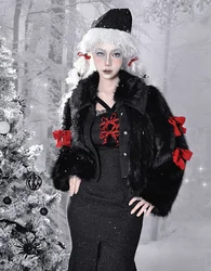 Blood Supply Original Winter Faux Fur Black Jacket Dark Gothic Red Bow Ties Furry Jacket Hot Girls Punk Christmas Clothes