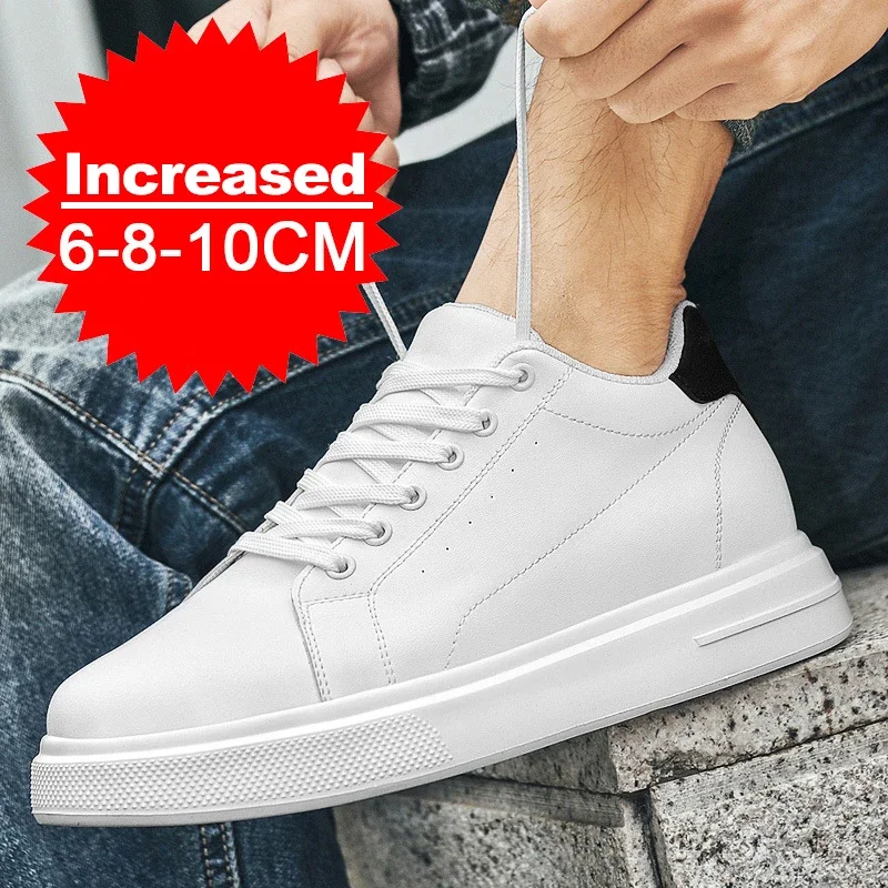 Men's Fashion Elevator Shoes Premium Leather Invisible Height Increase 6/8/10CM White Sneakers Cortex Heightening Casual Shoes