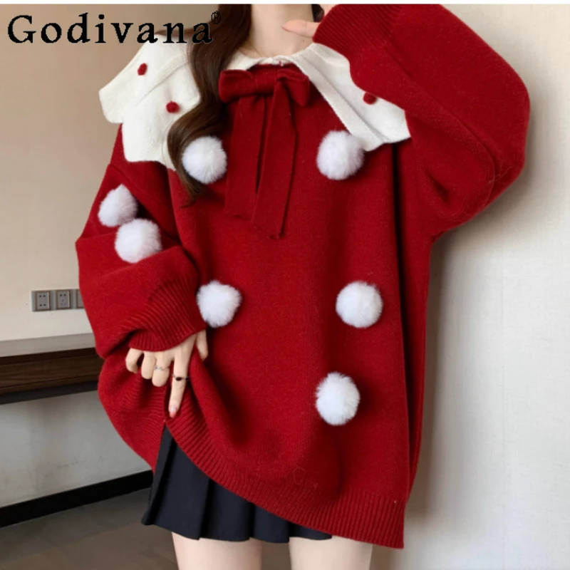 

Christmas Plus Size Girl Sweet Peter Pan Collar Bow Red Sweater Winter Thickened Loose Fashion Long Sleeve Princess Knitted Top