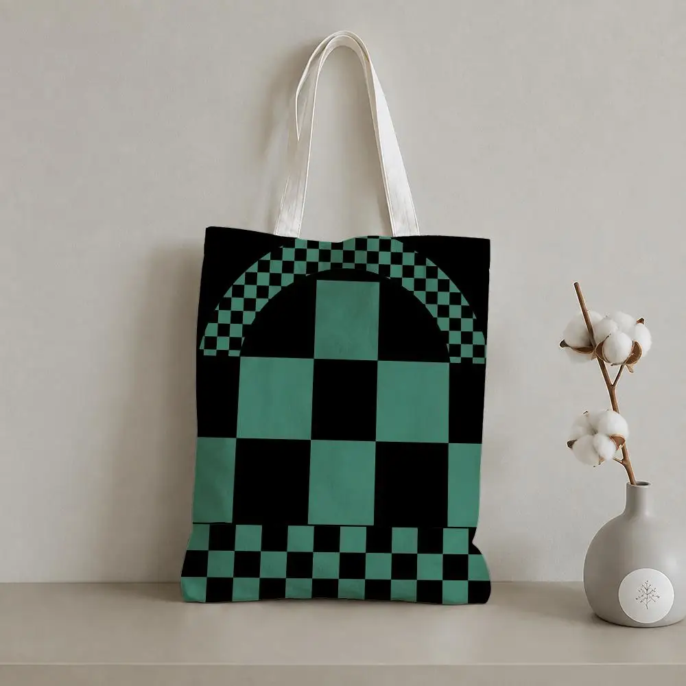 Green Black Checkered Haori Storage Bags 1pc Canvas Tote Bag Reusable Shopping Shoulder Bag For Women Daily Use