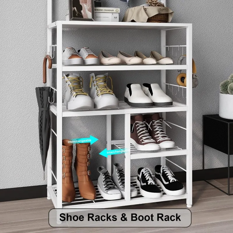 White Large 5-Tier Hall Tree Entryway Wooden Shoes Rack Shelf Coat Rack with  9 Metal Hooks Storage Organizer