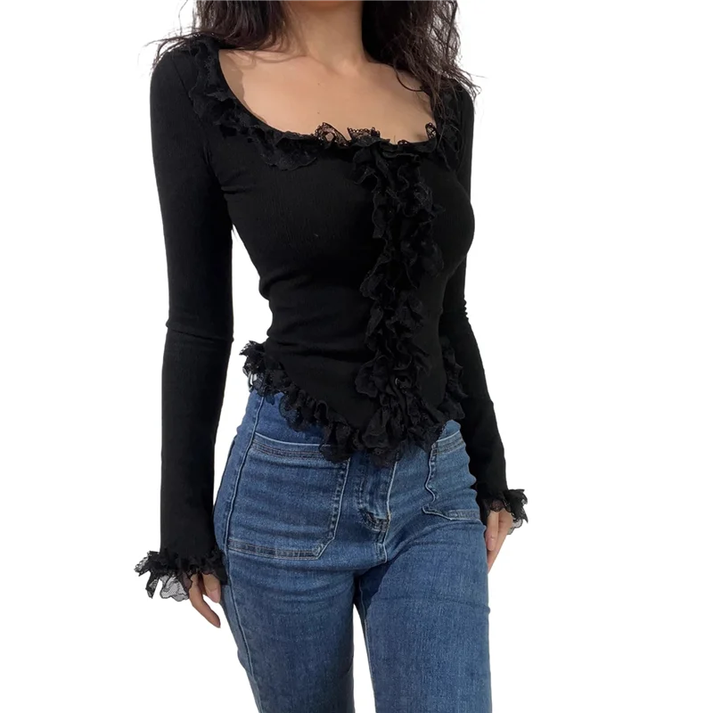 

NEW-Women's Long Bell Sleeve Button Down Ruffle Crop Shirt Top Blouses