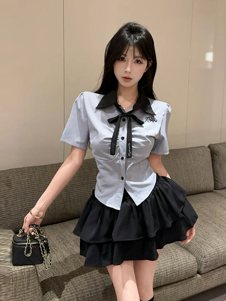 

Black Polka Dot Uniform Set Short Sleeve Collar Puffy Skirt Contrast Color Shirt High Waist Baking Cake Skirt College Style