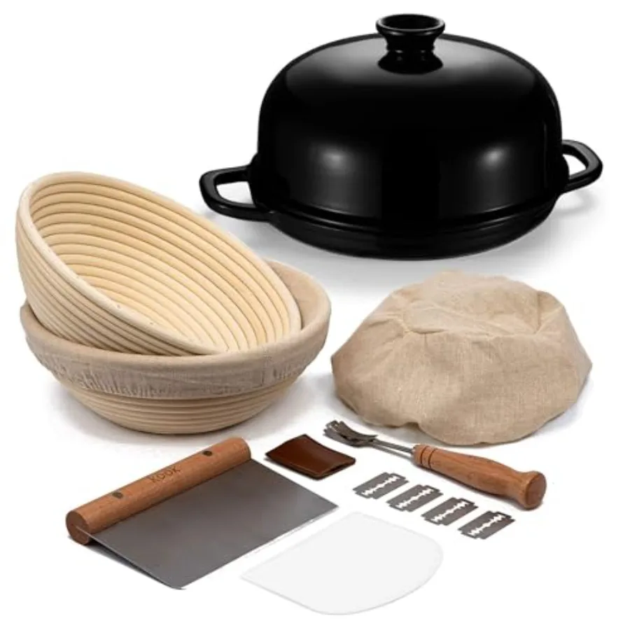 

Набор для выпечки хлеба Kook, набор для выпечки на ударе с 2 корзинами для конфолетной обработки, инструментами для теста и чугунной печи для хлеба с керамической крышкой. Идея.