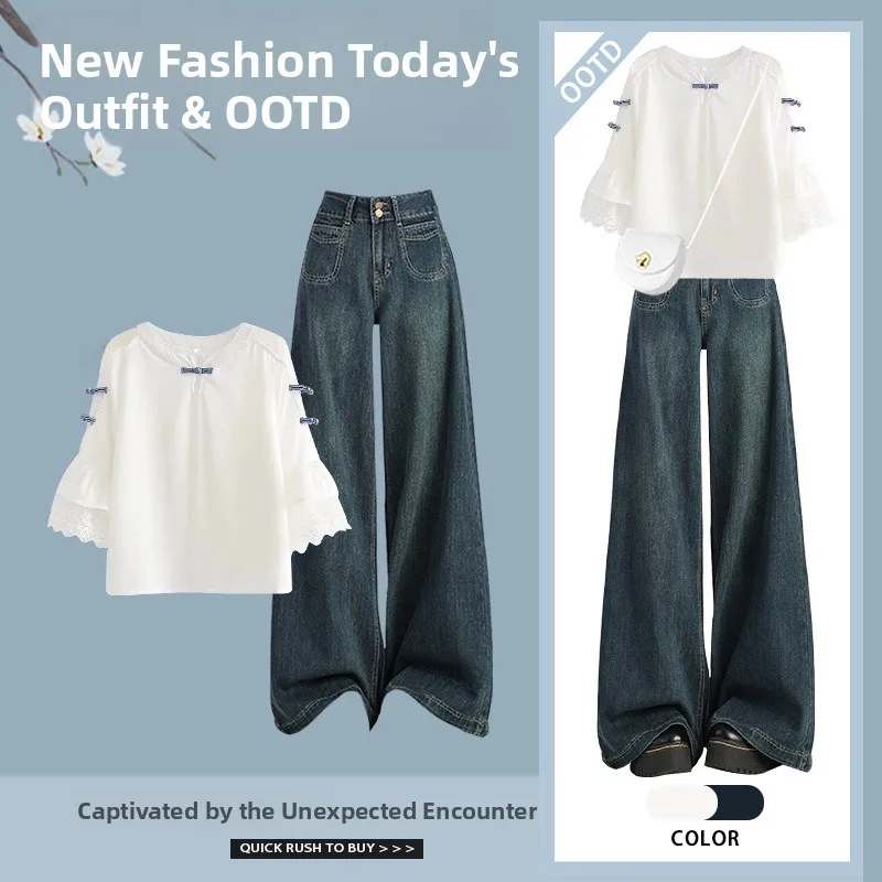 Anti-età Estate 2025 Faion Set da donna Casual Vita alta Vintage Dimagrante Denim Jeans e irt Ensemble in due pezzi