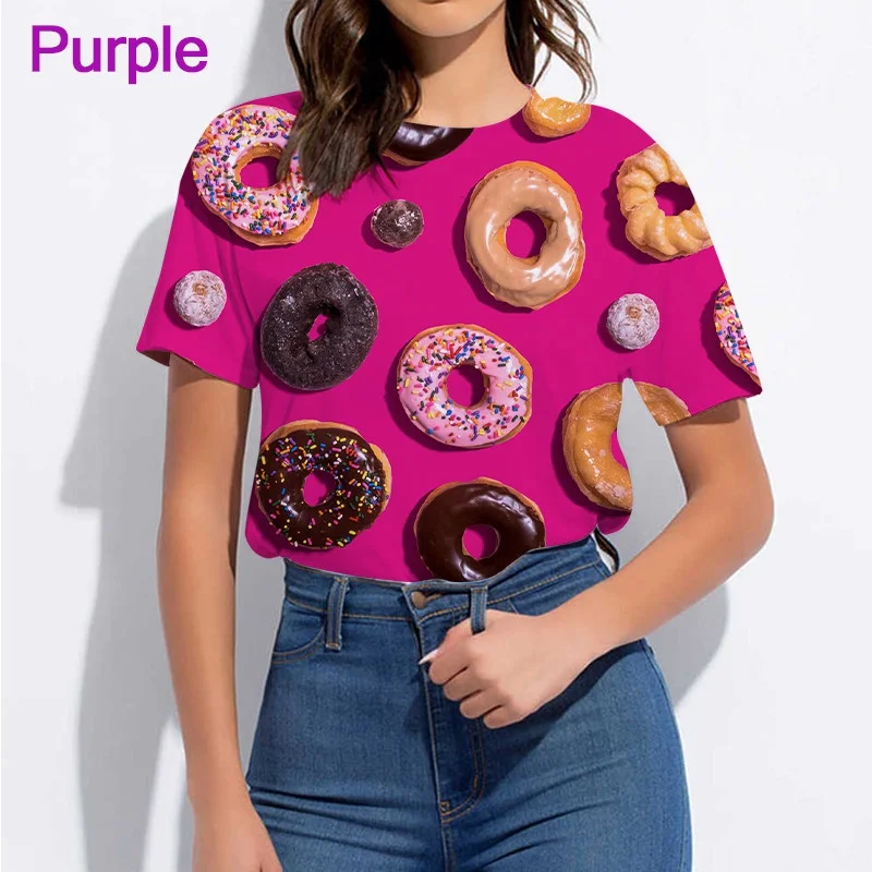 

Summer Fashion Women's Casual T-shirt 3D Chocolate Donut Print Food Bread Funny Short Sleeve Short Sleeve Tops