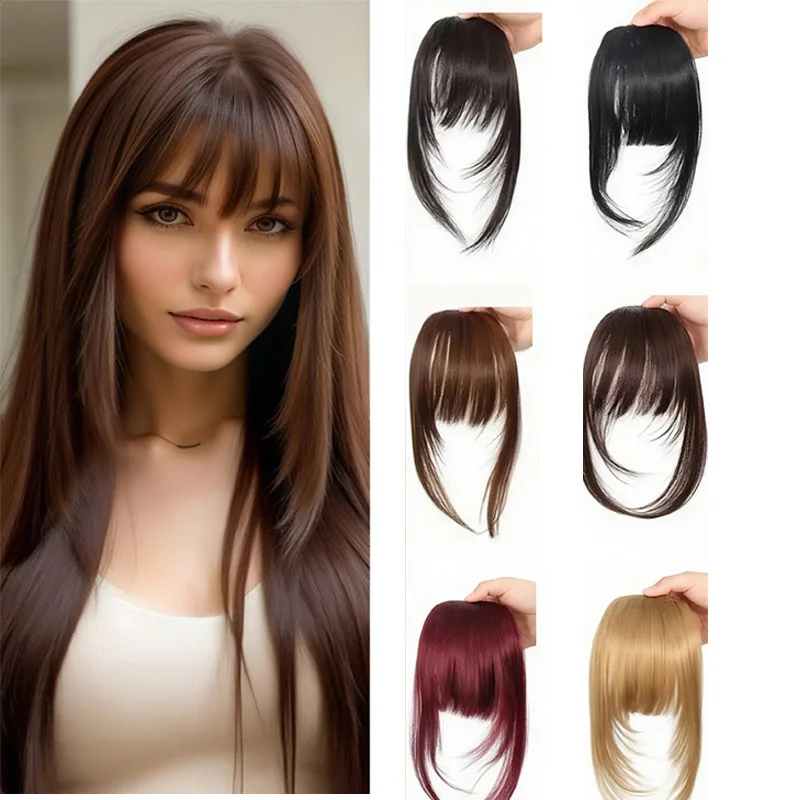 Flequillo sintético con clip, flequillo fino con patillas, marrón oscuro, aspecto natural para mujer, para uso diario y fiestas 2