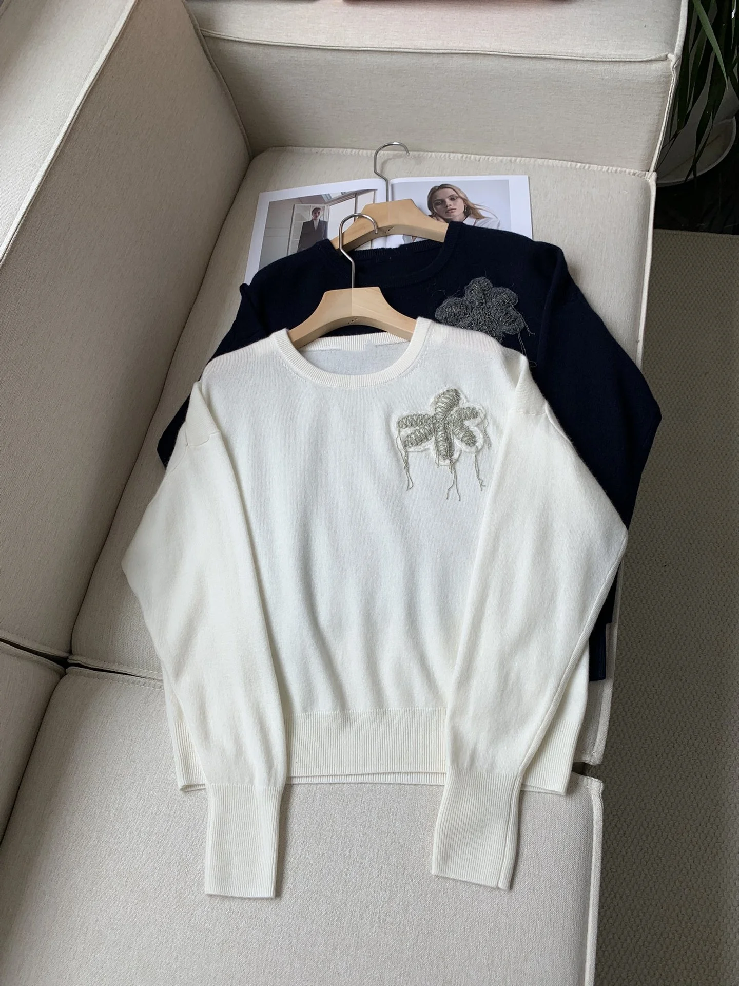 Bead Chain Embroidery Women Cashmere Sweater Autumn 2024 Casual Female Knitwear Tops O-Neck Long Sleeve Ladies Knit Pullover