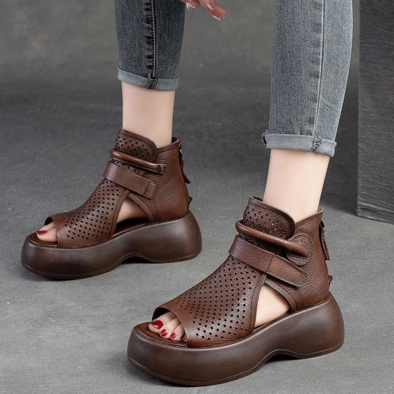 Sandals Boots Hollow for Womem Breathable Hole Shoes Thick Sole Fish Mouth Summer Hook & Loop Retro Comfortable Women Sandals