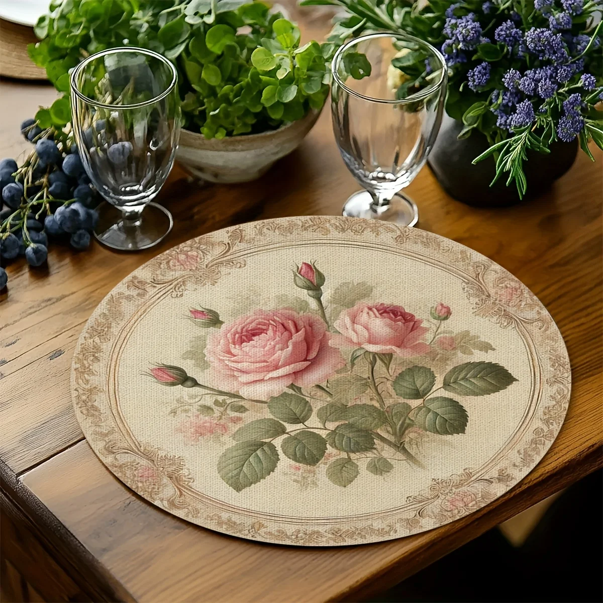 VIKAMA 4-Piece Vintage Rose Waterproof Placemats Western Restaurant & Home Gathering Table Decor & Accessories