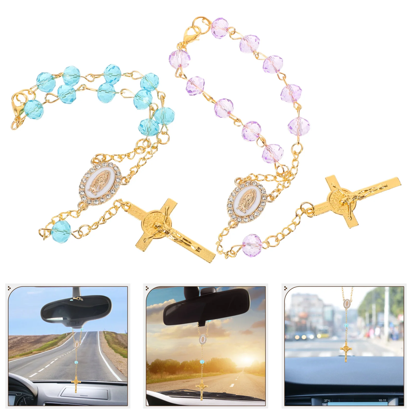 

2pcs Car Decor Hanging Accessories Beaded Rosary For Rearview Mirror Catholic Prayer Pendant Auto Interior Ornament Blue Purple