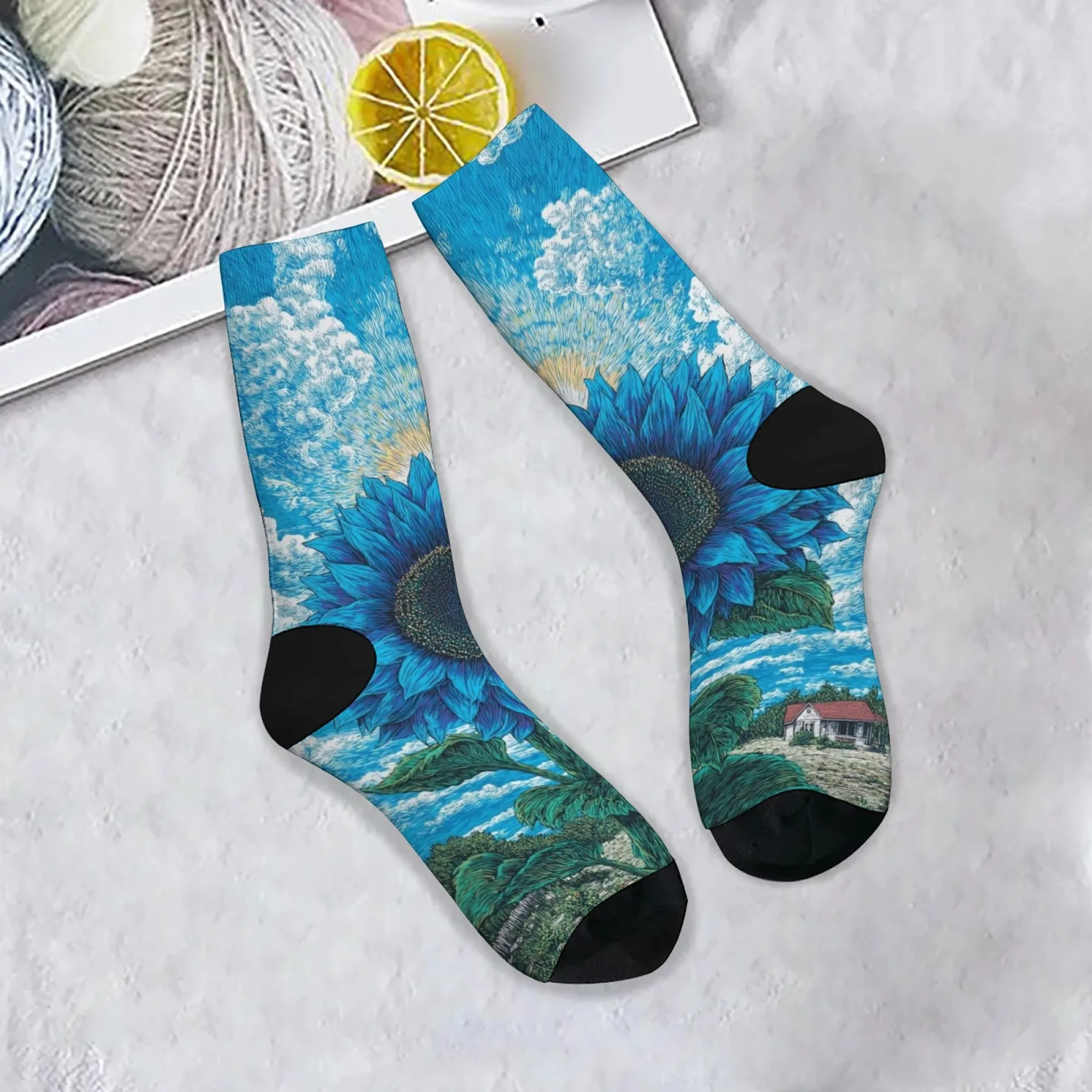 Herrensocken mit blauem Sonnenblumen-Aufdruck, bequem, warm, rutschfest, lässig, modisch, Sportsocken, lustige Kompressionssocken, Urlaubsgeschenk