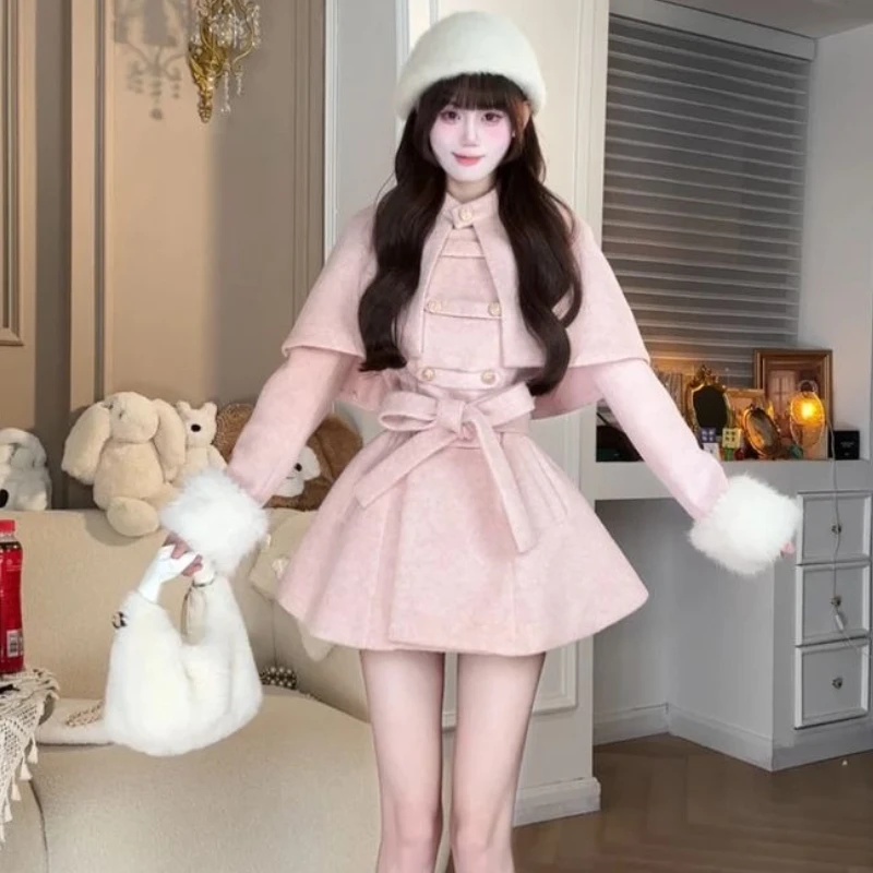 

Элегантный французский комплект из 2 предметов в стиле Лолиты, женская милая съемная накидка, шаль, розовая тонкая плюшевая лоскутная шерстяная куртка Y2k, милые костюмы