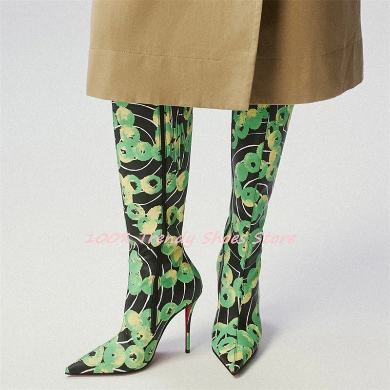 

Sexy Leopard Print Mixed Color Knee High Women Boots Pointed Toe High Heel Side Zip Strecth Boots Ladies Large Size Long Boots