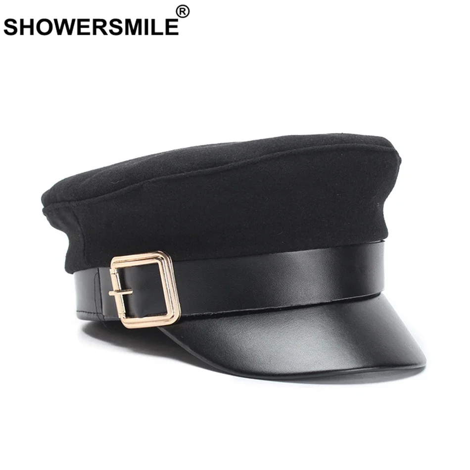 

SHOWERSMILE Women Military Hat Woolen Autumn Female Flat Hat Army Buckle French Leather Brim Ladies Black Captain Sailor Hat