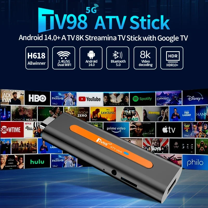 TV98 ATV Mini TV Stick Android 14 H618 Quad Core Cortex A53 Supporto 8K Video 4K Wifi6 BT5.0 Telecomando vocale Smart TV Box