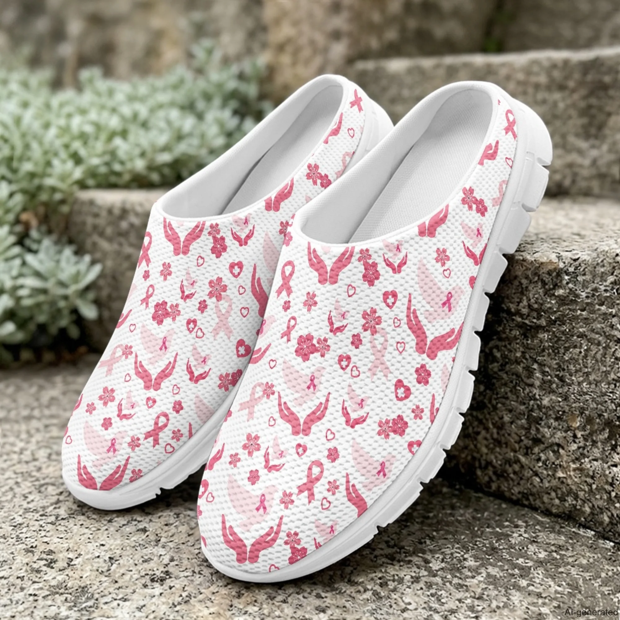 XIXIRIMIDO Casual Shoes Pink Ribbon Nurse Shoes Versatile Sports Women's Slippers Breathable Mesh Men's Walking Shoes 35-48