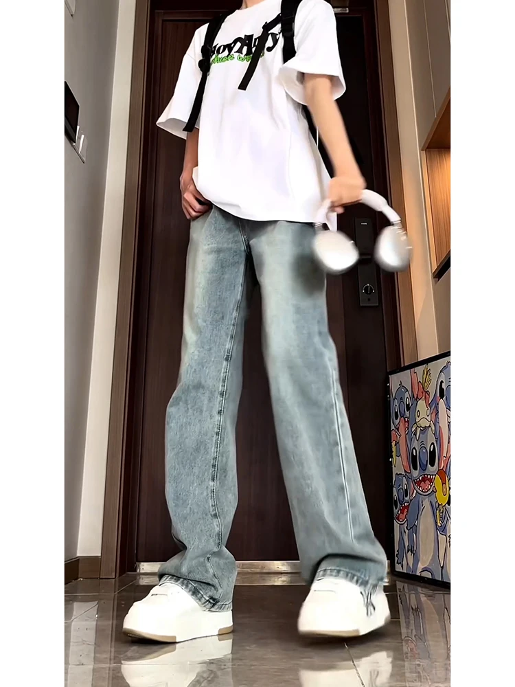 

Retro Blue Men's High Waist Bell Bot Jeans American Sle Loose Straight Leg Wide Leg Pants Youth Trend Summer Faion