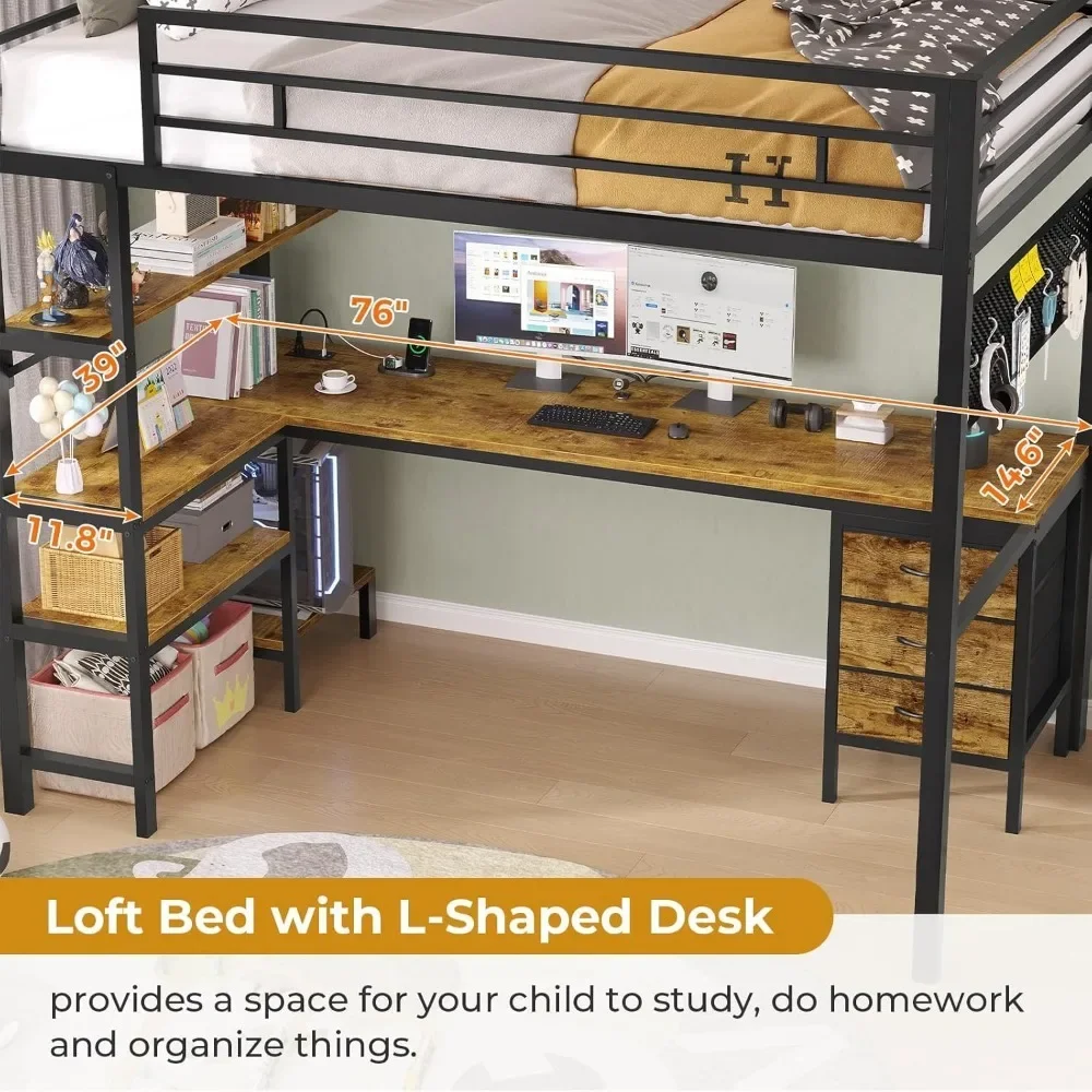 Loft Bed Twin Size with L-Shaped Desk, LED Lights,Charging Station,Twin Metal Loft Bed with Desk, Fabric Drawers & Shelves