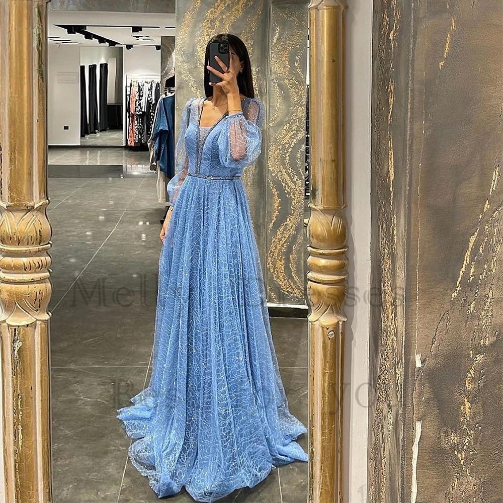 

Exquisite V Neck Muslin Evening Dresses for Women 2024 Full Sleeve Prom Gowns with Sequined Court Train Robe De Soirée Summer