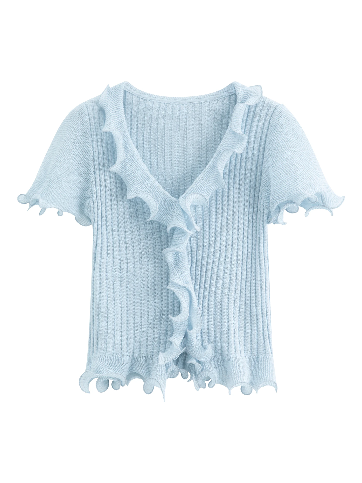 FSLE 2026 Summer Women‘s V-Neck Ruffle Trim Knit Top, Short Sleeve Flowy  Short Sleeves Blouse Lightweight Coquette Soft Style view 6