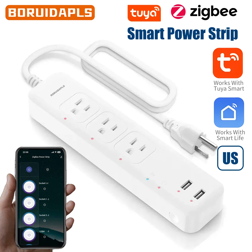 BORUIDAPLS ZigBee or Matter Smart Power Strip US Plug Smart Outlet Tuya Alexa Google Home Remote Voice Multiplug Extension Cord