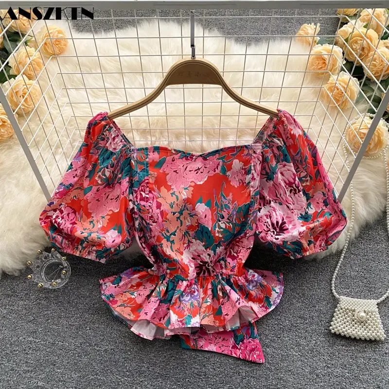 ANSZKTN Summer New Fashion Vacation Square Collar Backless Women Crop Puff Sleeve T-Shirt Printing Machine