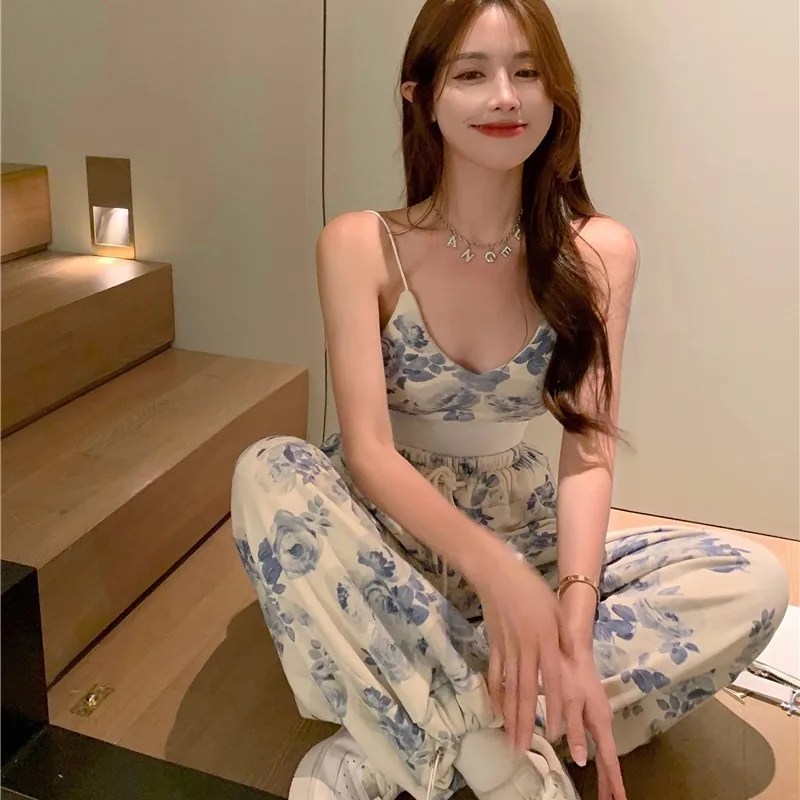 Summer New Leisure Sports Set Korean Women's Open Back Short Strap Camisole High Waist Wide Leg Pants Floral Print Two Piece Set