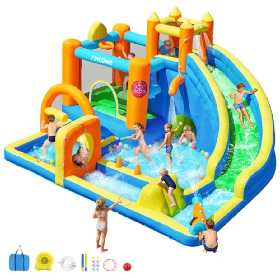 

Inflatable Bounce House with Water Slide, Bouncy Castle with 480W Blower Slide Steeplechase Jumping Climbling Ring Toss Ball Ho