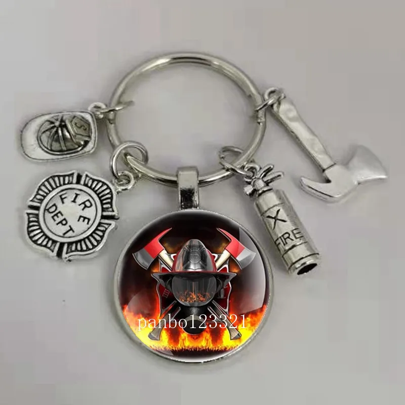 New firefighter logo glass dome keychain fire pattern key ring fire tool decoration jewelry gift