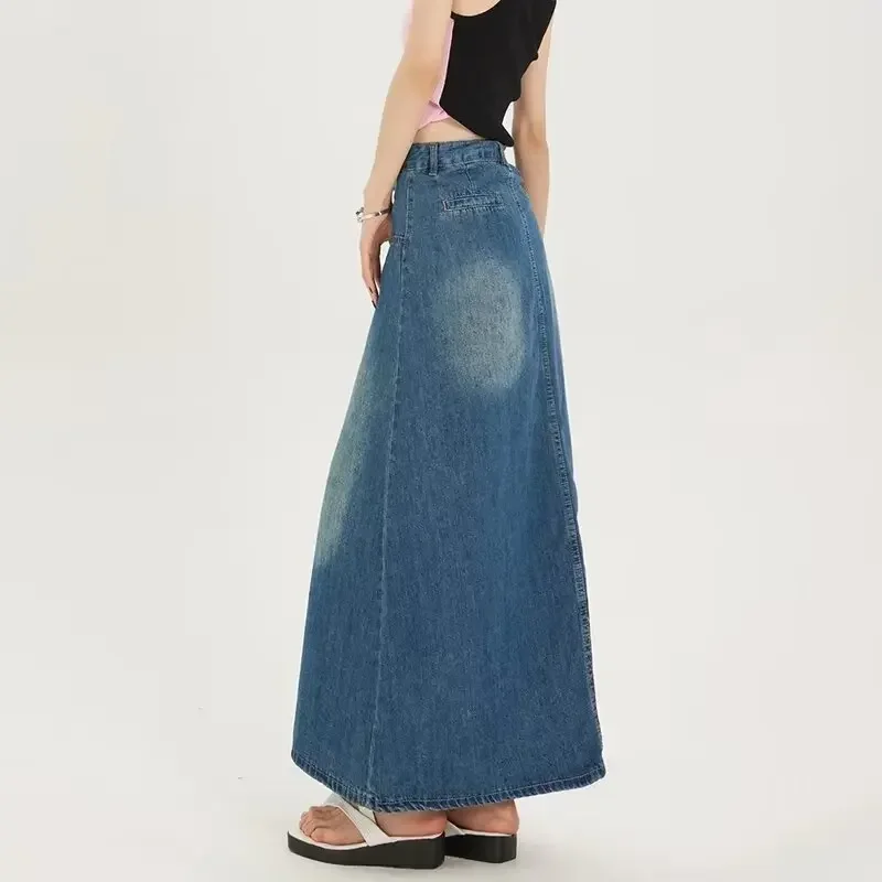 デニムスカート レディース アメリカン トレンド ダメージ加工 秋 Aライン ホットガール スリット ハイウエスト ストレート ラップ ヒップデザイン 気質 Y2K